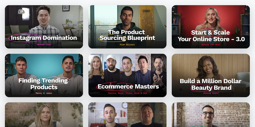 Foundr+ framework library — course tiles from Start & Scale, Beauty Brand, Instagram Domination, Ecommerce Masters, and more