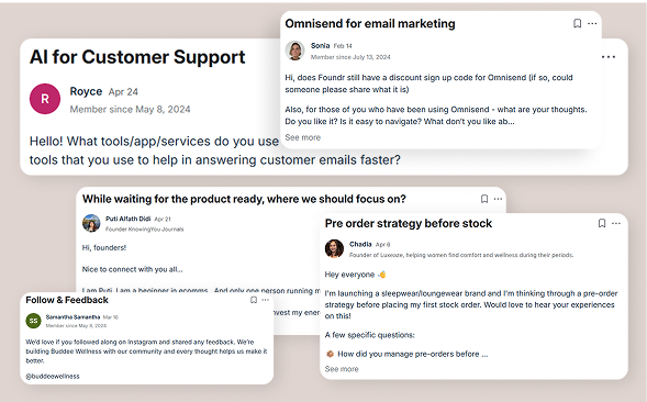 Foundr+ private community feed with member posts, launch announcements, and reactions