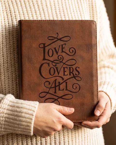 God's Fingerprints Love Covers All leather Bible cover