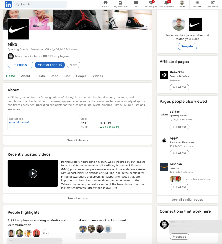 Nike LinkedIn homepage