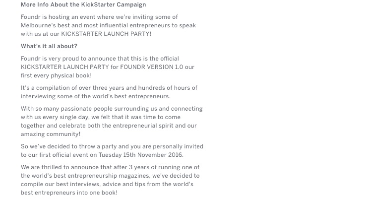 Foundr Kickstarter Campaign ticketing sales page