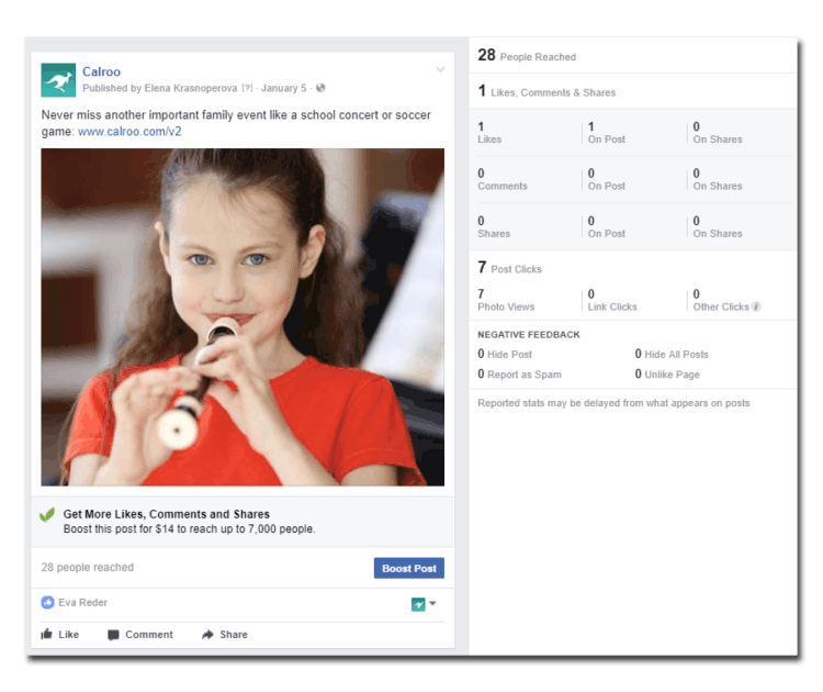 Croissance-pirater votre page Facebook- Calroo Facebook Post et statistiques d'engagement