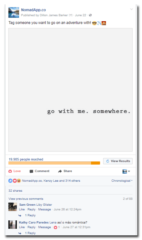 Croissance-pirater votre page Facebook- NomadApp.Co Facebook Post et statistiques d'engagement