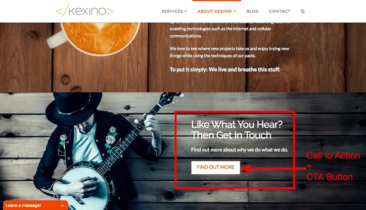 Startup marketing agency Kexino puts a clear CTA at the bottom of their About Us Page