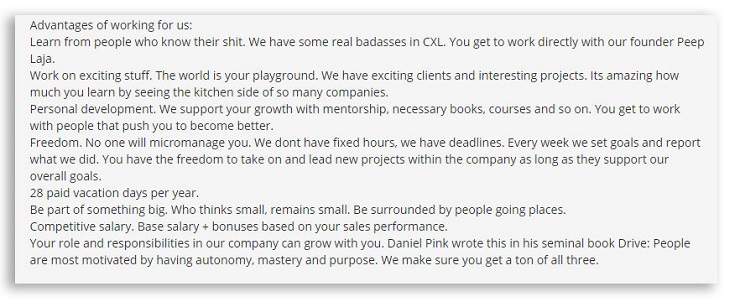 hiring a growth marketer job post example from CXL