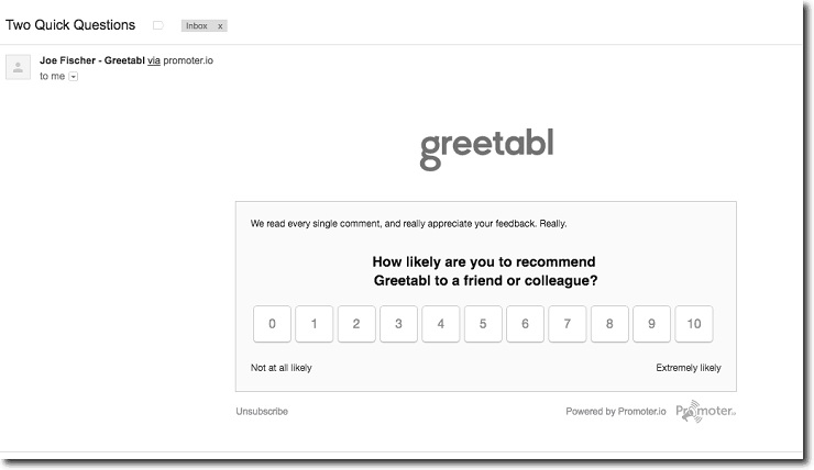 Segmented email campaign example of NPS email from Greetabl