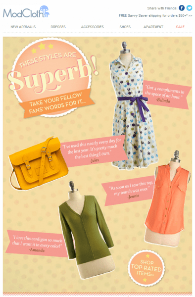 ModCloth promotional compelling sales email