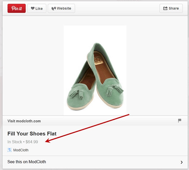 Pinterest buyable pins screenshot via Trisoft shows an example of a Product Pin