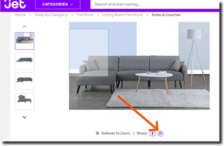 Screenshot from online furniture store, jet. “share” button visible on product page pinterest and ecommerce