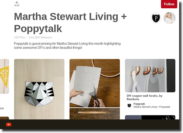 example of Martha Stewart and Poppytalk collaborating on Pinterest for business board