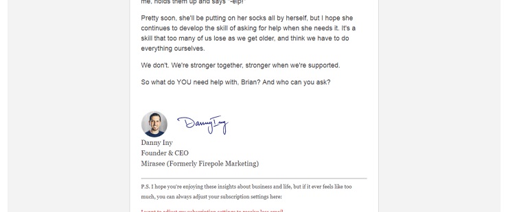 high-converting confirmation email example of a thank you email from Danny Iny from Mirasee