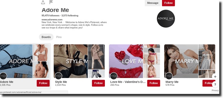 screenshot from Pinterest sales showing main page of Adore Me. with organized and labeled boards to optimize SEO