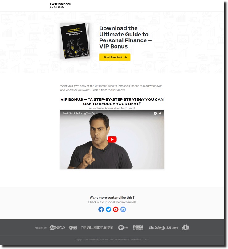 thank you page examples Ramit Sethi use video targeting people who are interested in personal finance