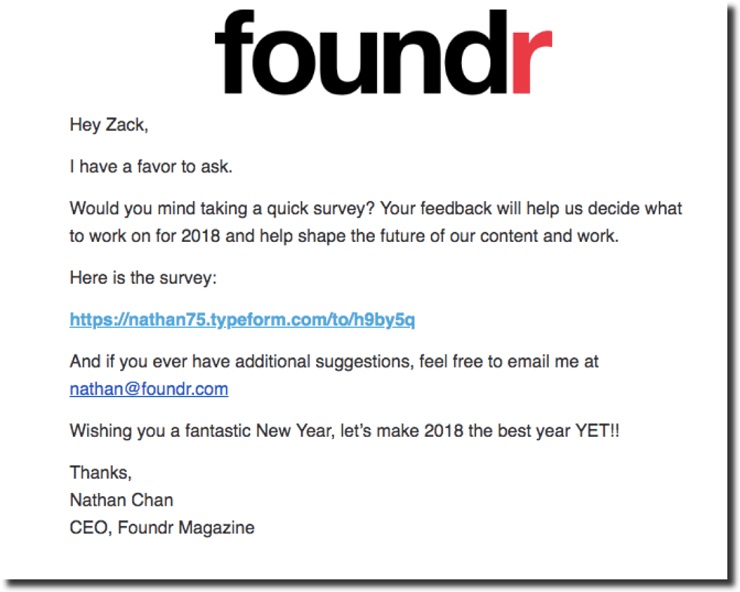 email about Typeform survey from Foundr