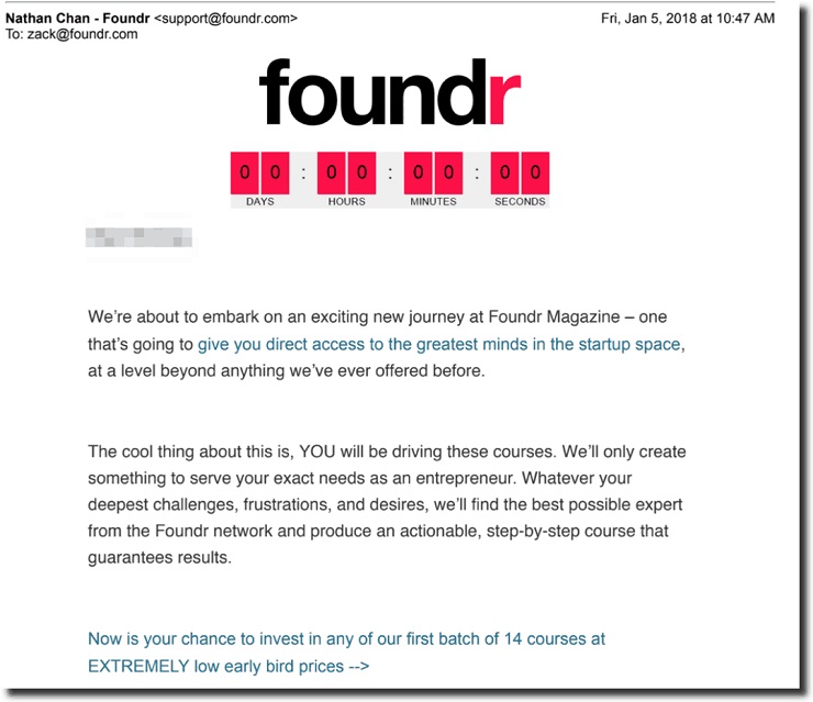 Online course idea example of Foundr presale email
