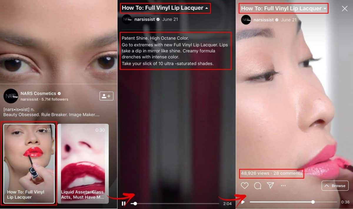 NARS Cosmetics Ephemeral content on Instagram tutorial videos to show followers how to use their products 