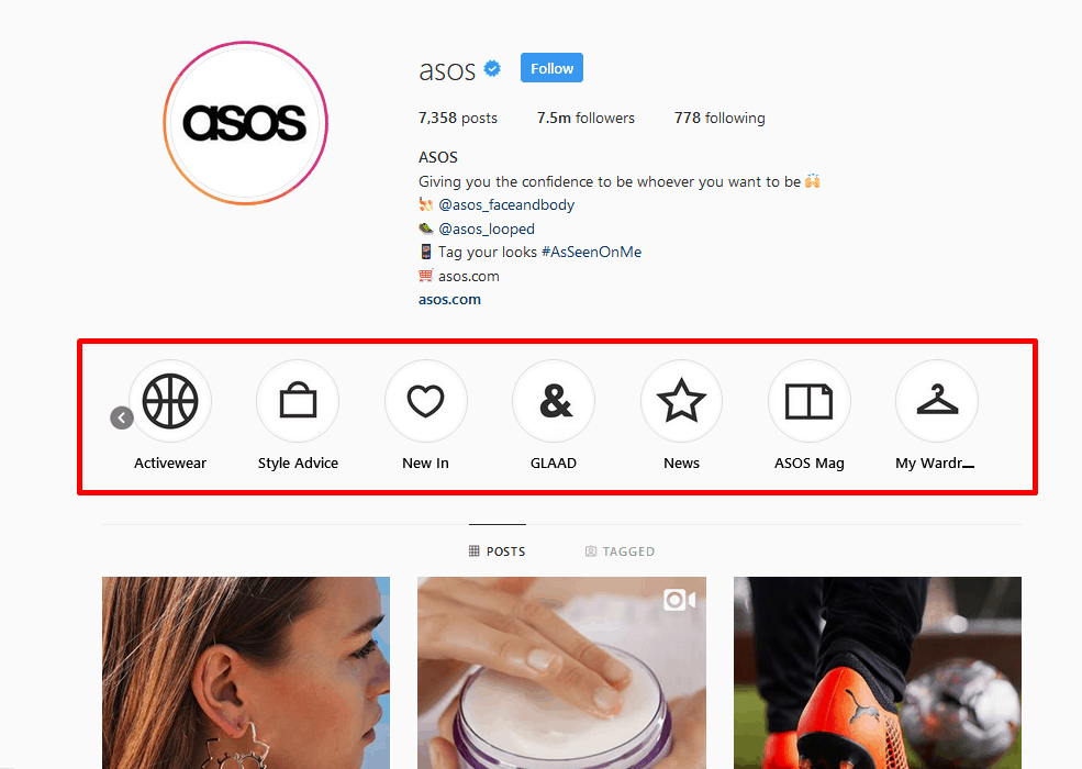 ASOS Ephemeral content on Instagram where everything is available right under the bio section