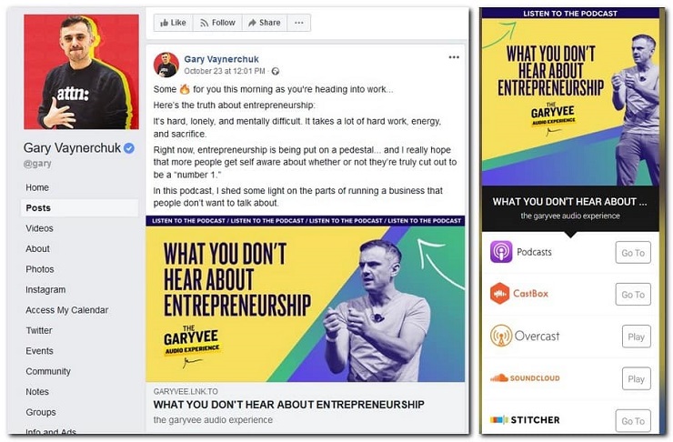 Gary Vaynerchuk describes what he'll talk about in a Facebook post is an example of best podcast marketing