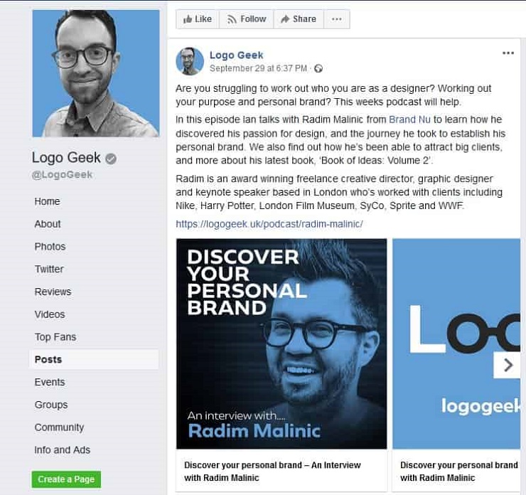 Logo Geek's carousel content on facebook is example of how to market a podcast