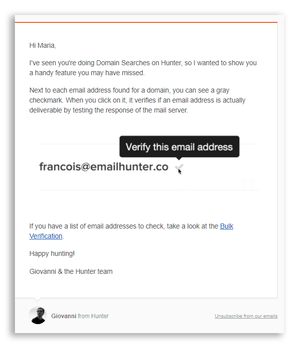Hunter sends out an advice email to their customers when doing Email personalization