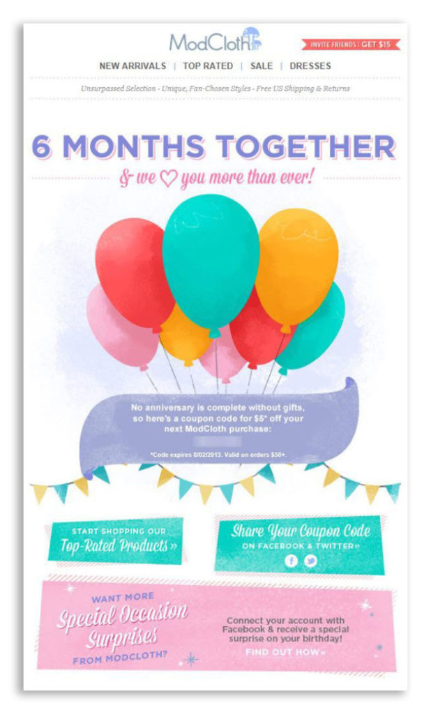 ModCloth uses a Milestone Email when doing Email personalization