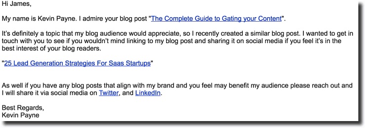 Guest blogging strategy example of email sent to Wishpond’s Content Editor James Scherer