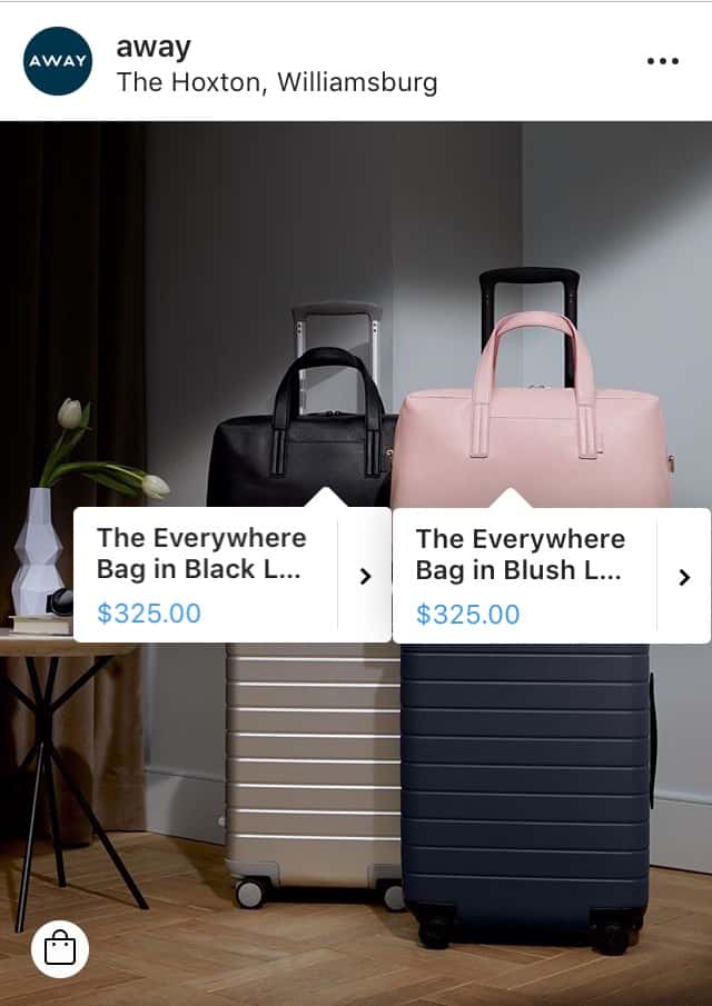 Away travel luggages make money in Instagram with posts that are shoppable with tags