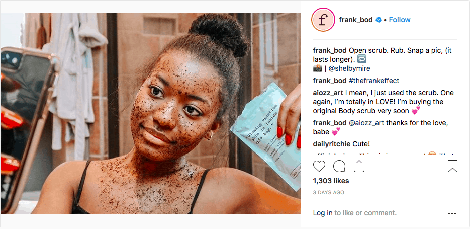 Frank Body reposts to own account and use influencer marketing to expand reach and monetize instagram