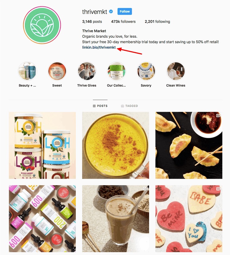 how to monetize instagram with Linkin.bio, example in action on Thrive Market’s Instagram account