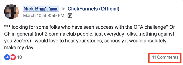 ClickFunnels Facebook group post