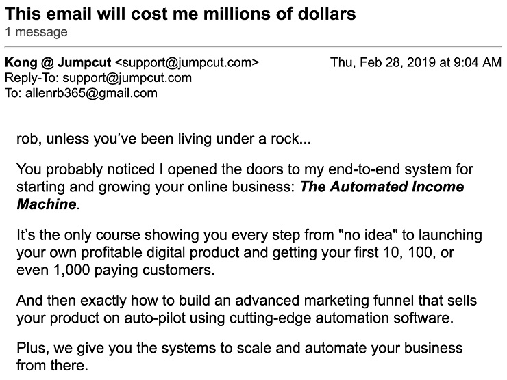 email funnels for Jumpcut on who should not join their course resulted to $210,000 worth of programs in 48 hours