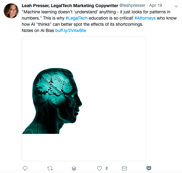 Leah Presser describes herself as a Legal Tech Marketing Copywriter on Twitter