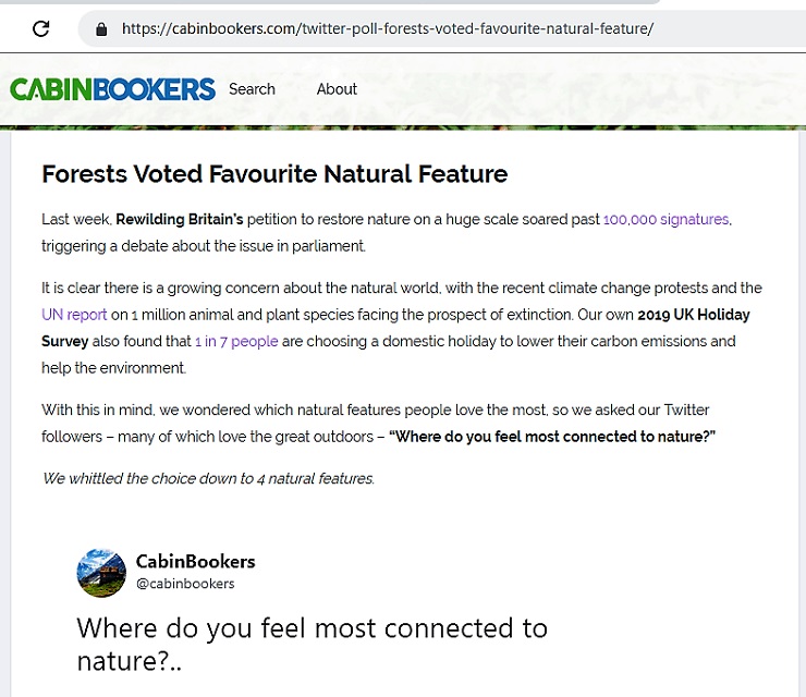 Twitter polls used for blog or news section of CabinBookers website.