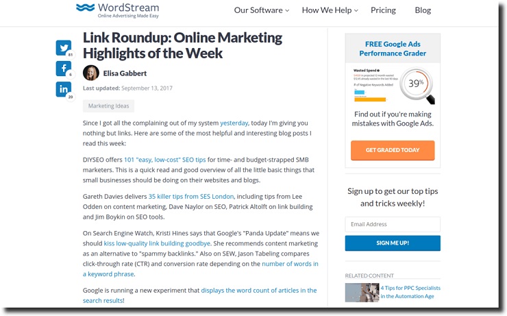 example of a content link roundup from WordStream, an internet marketing site