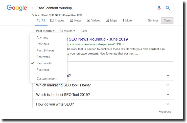 limit google search to “past month”.to pitch the sites that publish roundup links consistently in the last few months
