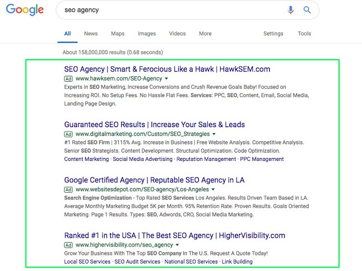 paid and organic placement on the first page of the results for the keyword “SEO agency”