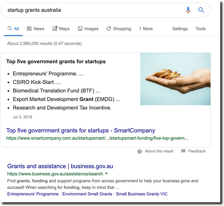 startup grants search