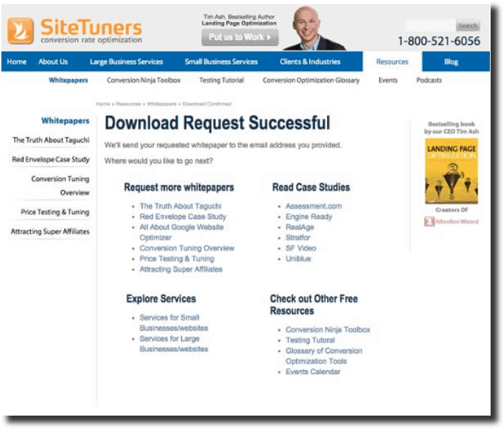 high-converting confirmation email screenshot of a thank you page from SiteTuners 