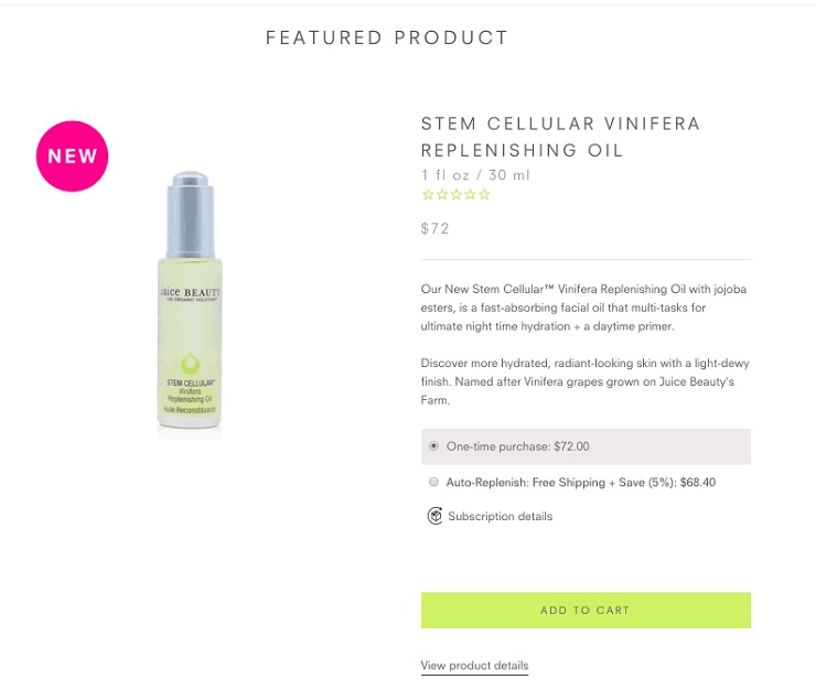 Juice Beauty's Featured Product + Add to Cart from Homepage