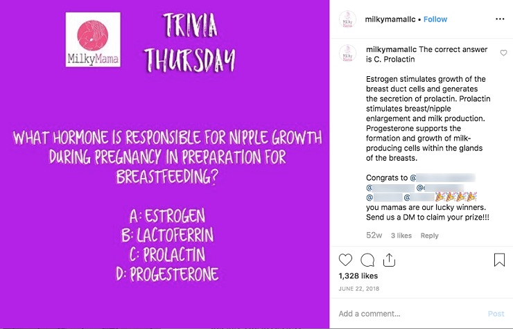 milkymama has a regular “Thursday Trivia” giveaway