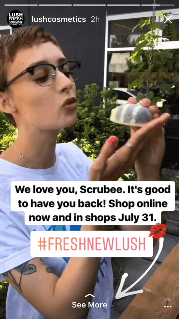 example from @lushcosmetics using “Swipe Up” on Instagram Stories inviting followers to check a new product