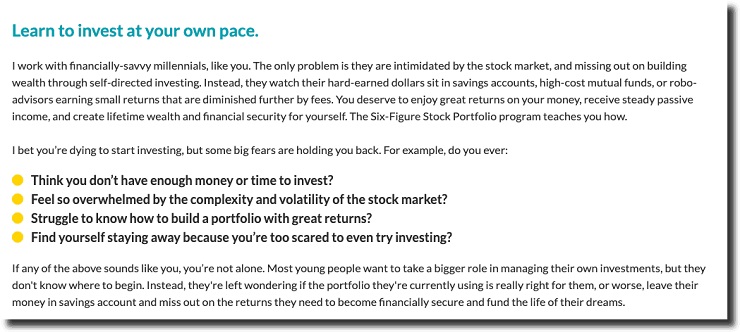 The Six Figure Stock Portfolio calling out their target market’s most prevalent objections