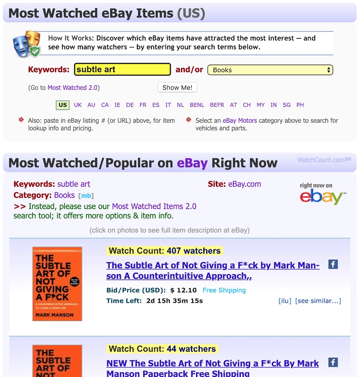 ebay's Watch Count tool to find out the number of times people have “watched” a product