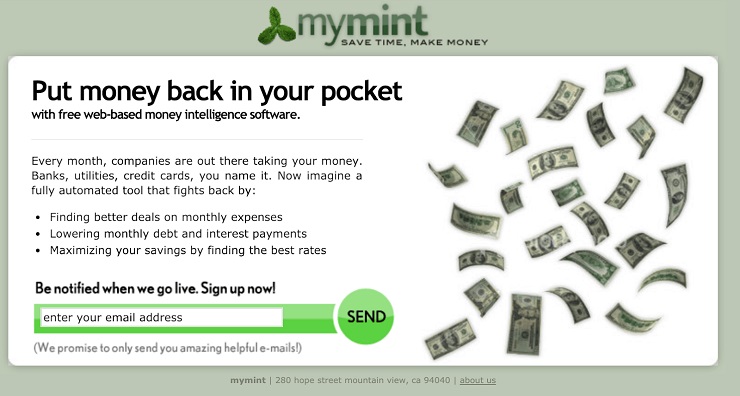 landing page that Mint used to launch their business
