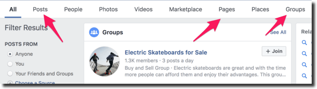 How to get ecommerce sales check the posts, pages, and group tabs of facebook online communities