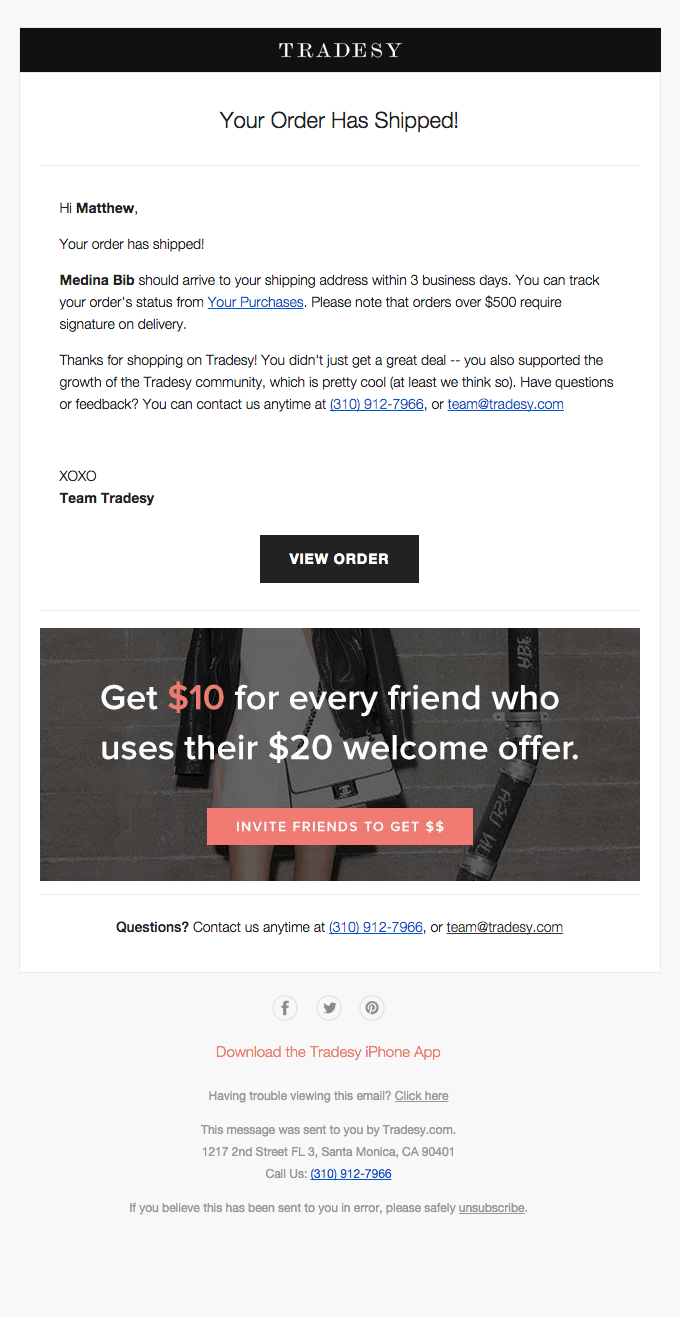 Tradesy’s thank you email