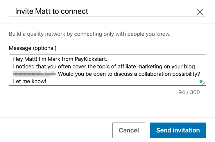 example of an invitation to connect on LinkedIn