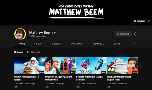 Matthew beem youtube channel homepage