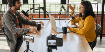 Podcast marketing image of podcasters with video
