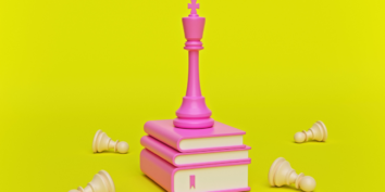 Leadership books with chess piece on top graphic